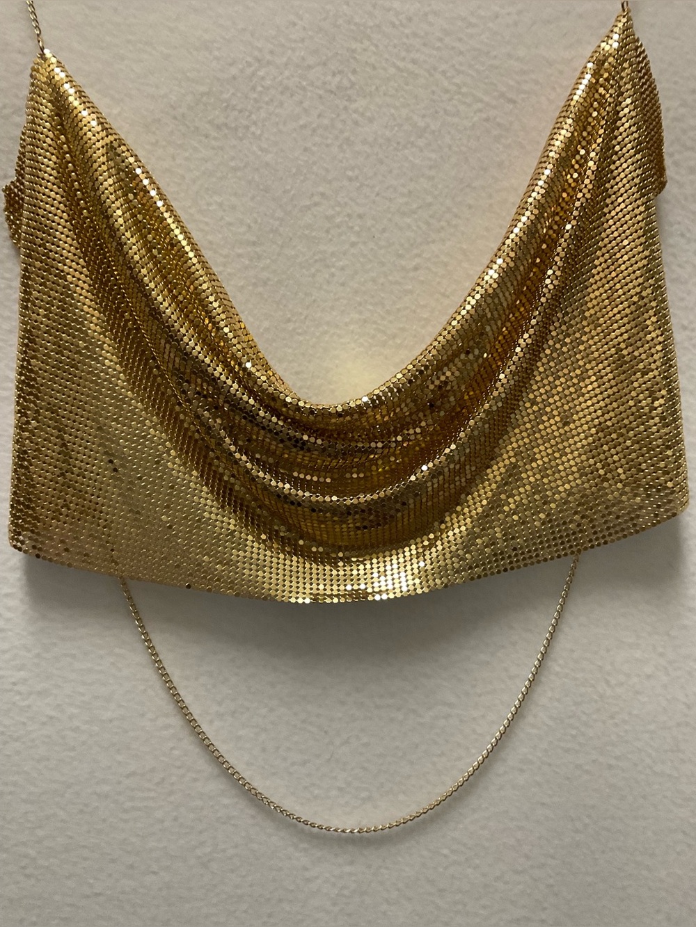 Gold metallic mesh/chainmail cowl-neck Backless halter top